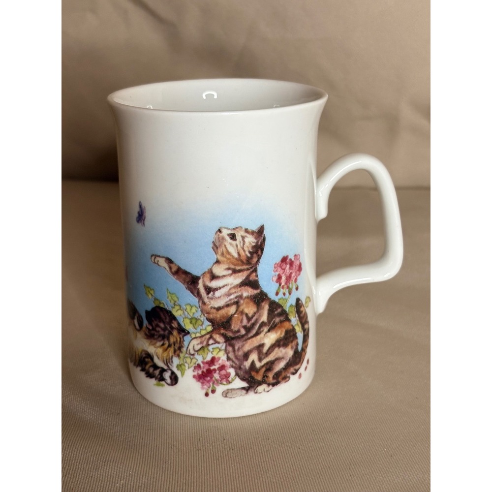 Vintage Fine Bone China England Cat Mug Playful Kittens Butterfly Floral White